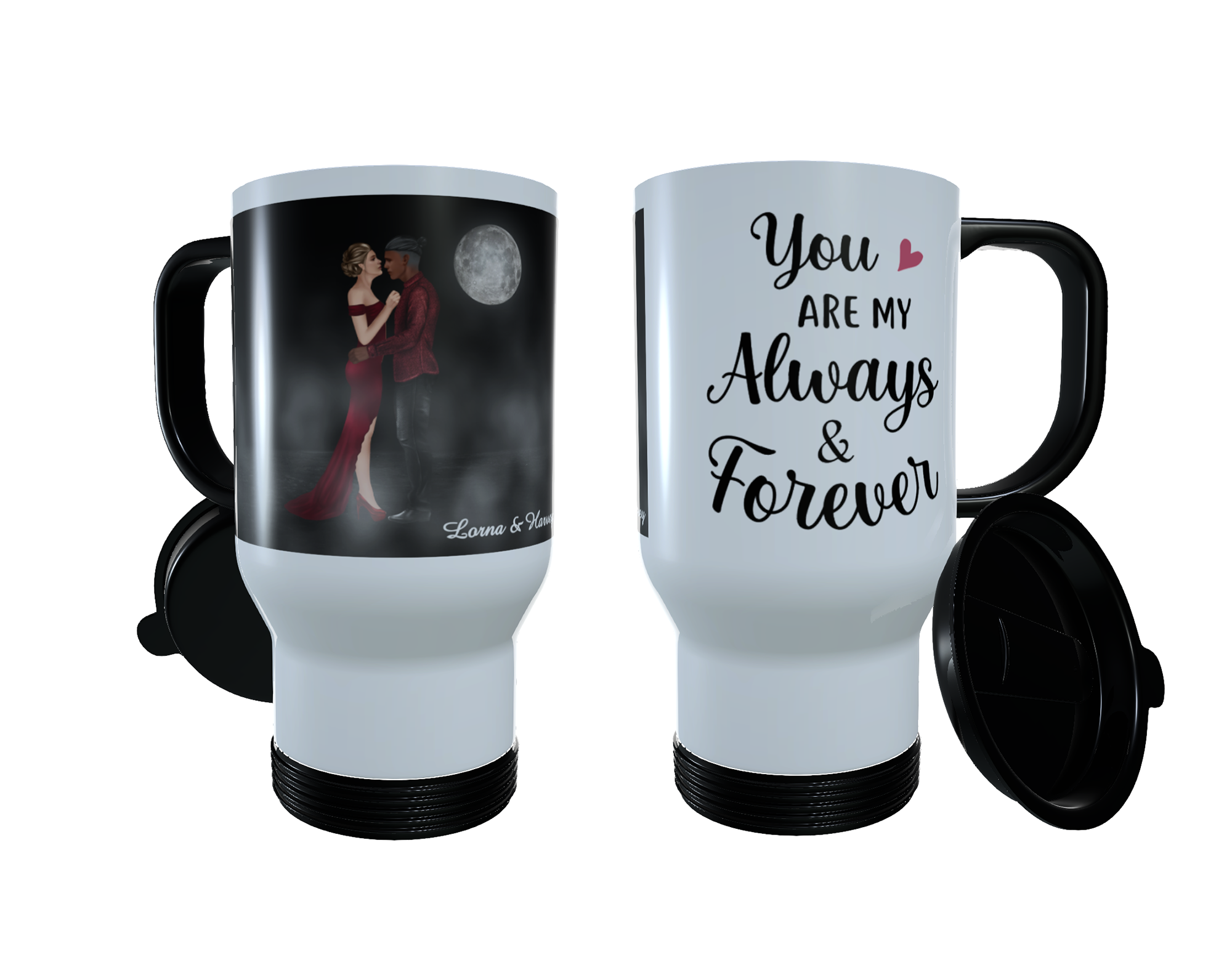 Romantic Couple Moonlight Travel Mug, Custom Couples Thermos Mug